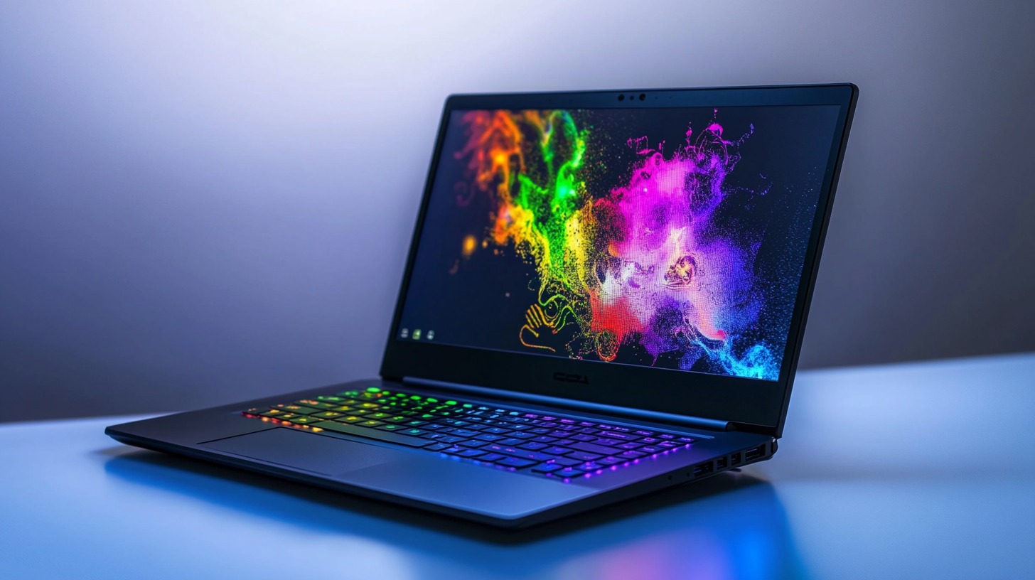 Laptop sa osvetljenom tastaturom i ekranom koji prikazuje šareni digitalni uzorak, postavljen na modernoj površini