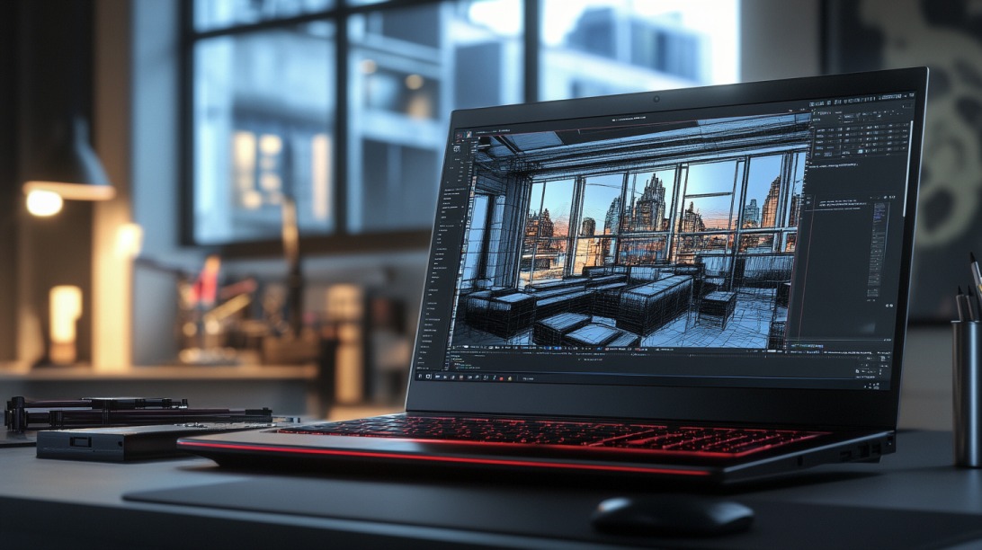 Laptop na stolu prikazuje 3D model enterijera sa gradskim pejzažom u pozadini, u profesionalnom softveru za modelovanje