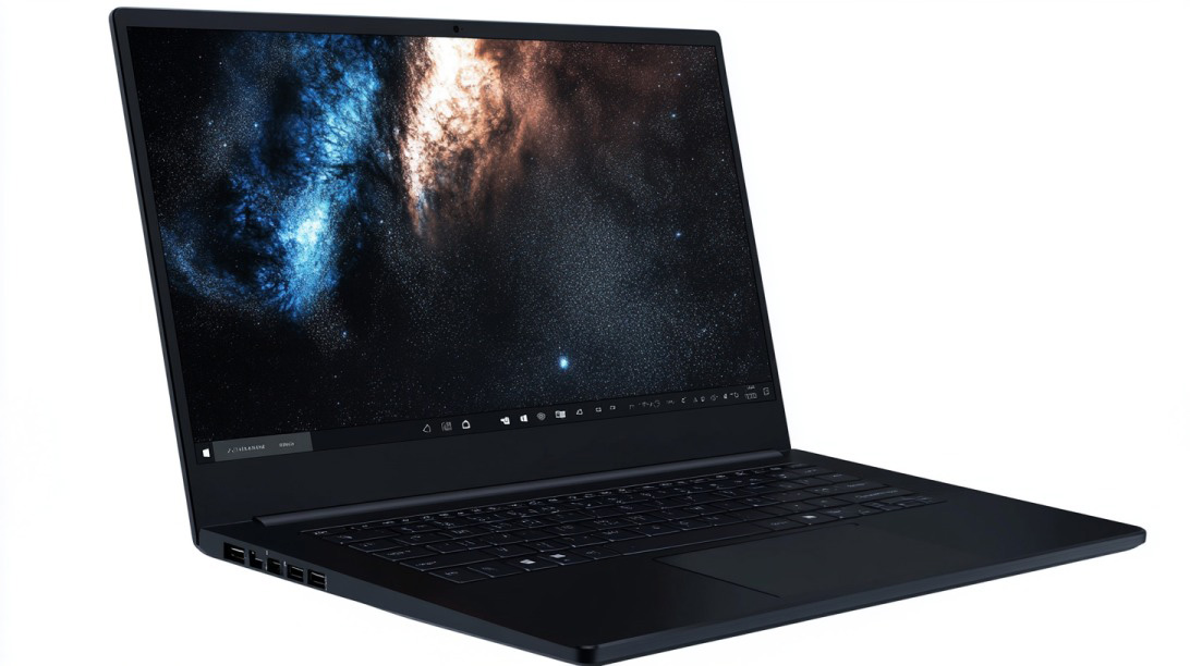 Crni laptop sa prikazom svemira na ekranu, postavljen na beloj pozadini
