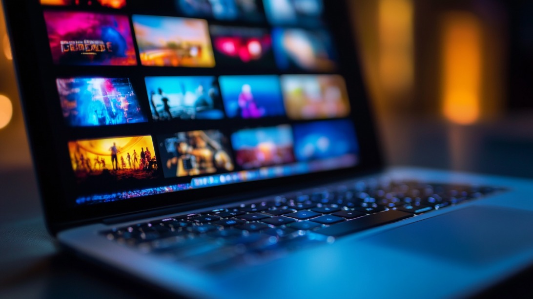 Laptop prikazuje izbor filmova na ekranu u živopisnim bojama