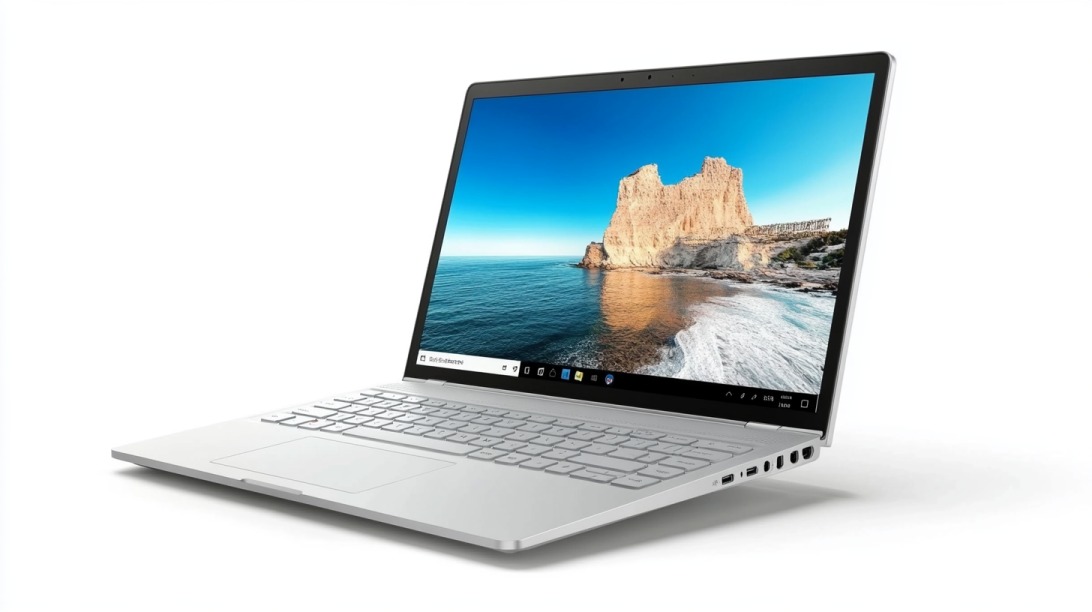 Moderan beli laptop sa prikazom pejzaža na ekranu, postavljen na beloj podlozi