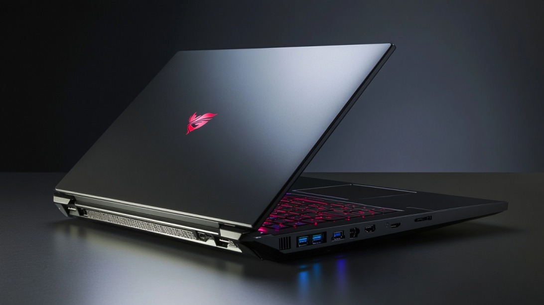 Crni gejmerski laptop sa crvenim osvetljenjem tastature i logom na poklopcu, prikazan u tamnom okruženju