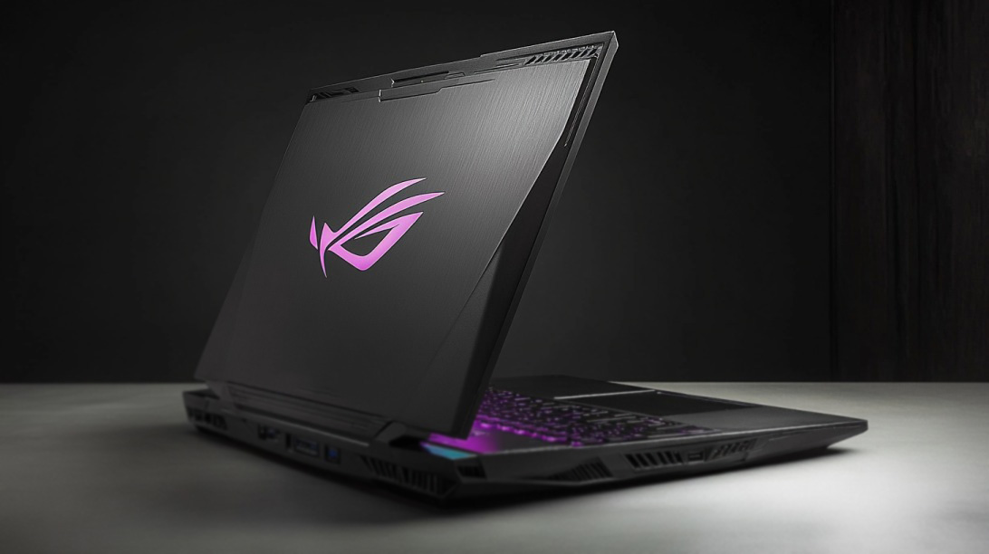 Crni gejmerski laptop sa ljubičastim osvetljenjem i logom na poklopcu, postavljen na tamnoj podlozi