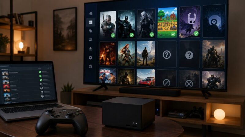 Steam Machine kutija, kontroler i laptop ispred TV ekrana sa prikazom biblioteke igara i oznakama kompatibilnosti.