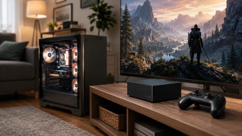 Mala Steam Machine kutija pored TV-a i kontrolera, uz klasičan gejming PC sa osvetljenim kućištem u pozadini.