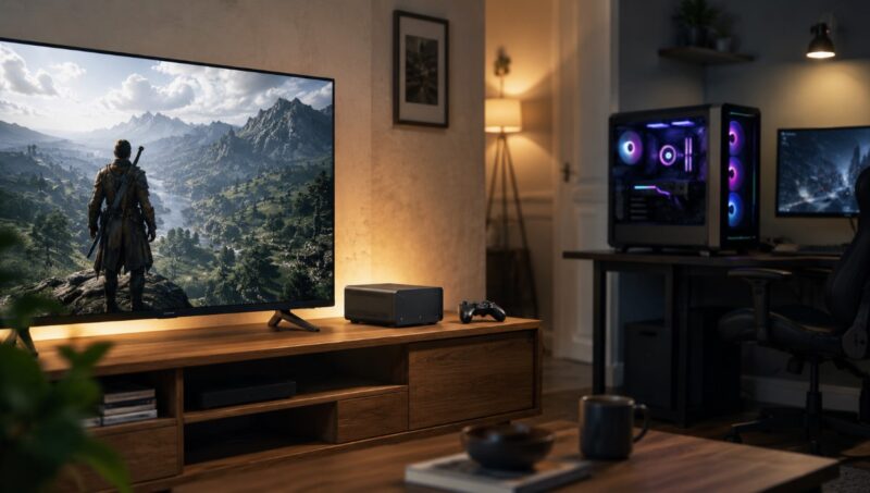 Mala gejming kutija pored televizora u dnevnoj sobi, dok se u pozadini vidi klasičan gejming PC sa RGB osvetljenjem.